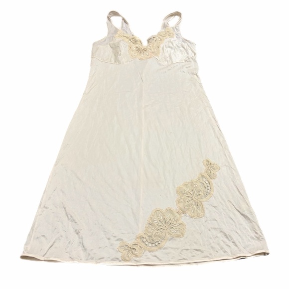 70s/80s European Vintage Silky Lace Cut-Outs Midi Slip Dress (Ivory/Tan) Size M